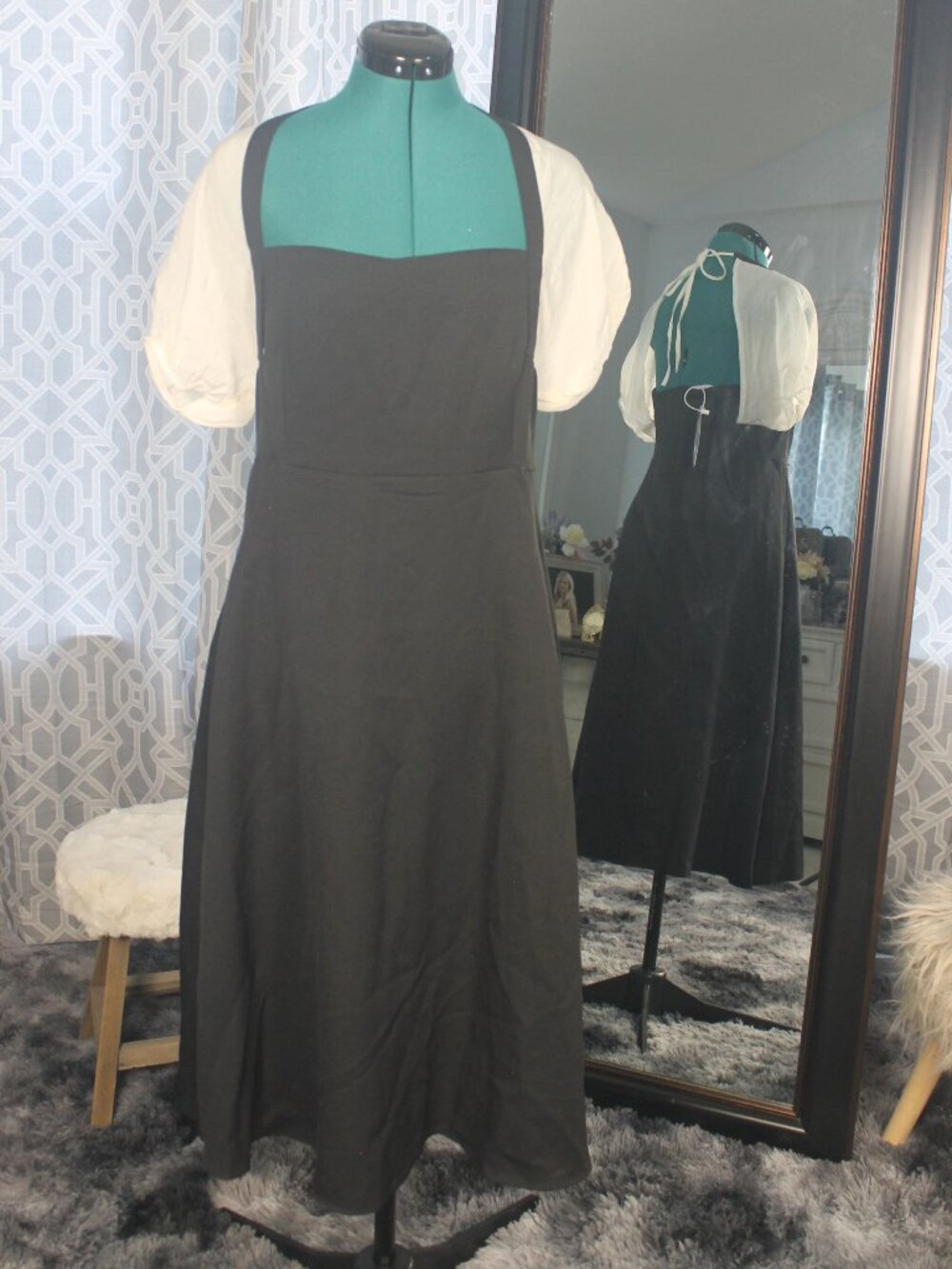 G+ YOUPIN Faux Layered Pinafore Midi Dress – Puff Sleeves, Size L - NWT